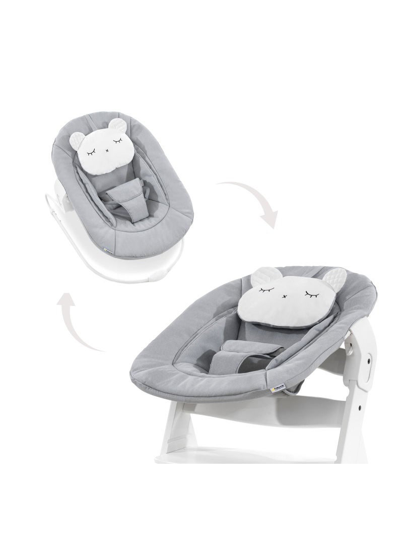 Alpha Bouncer 661833 Baby Rocker High Chair Attachment 2 In 1 Can Be Used From Birth With Cushion And Compatible With Wooden High Chair Alpha + And Beta + Pastel Bear - Grey