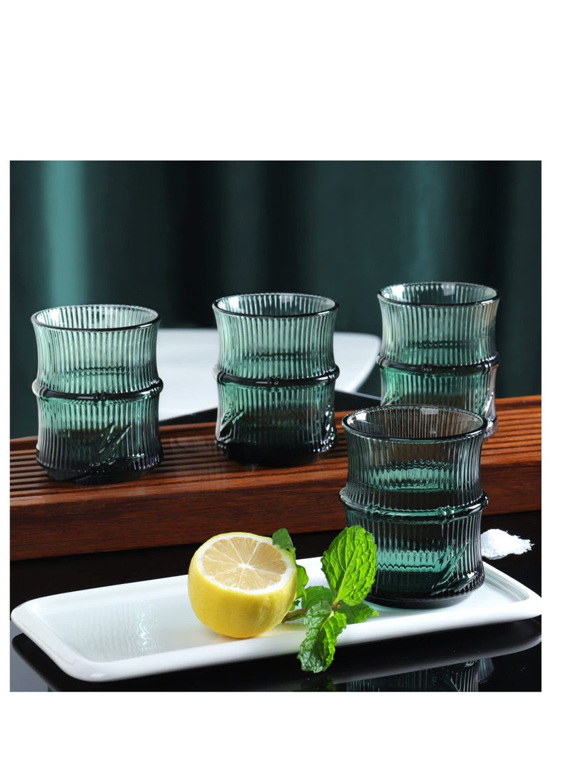 Green Water Glass, 4 Pack 260ml Coloured Glasses, Stackable Glass Tumblers, Bamboo Shaped Drinking Embossed Tumbler for Tea Juice Beverages