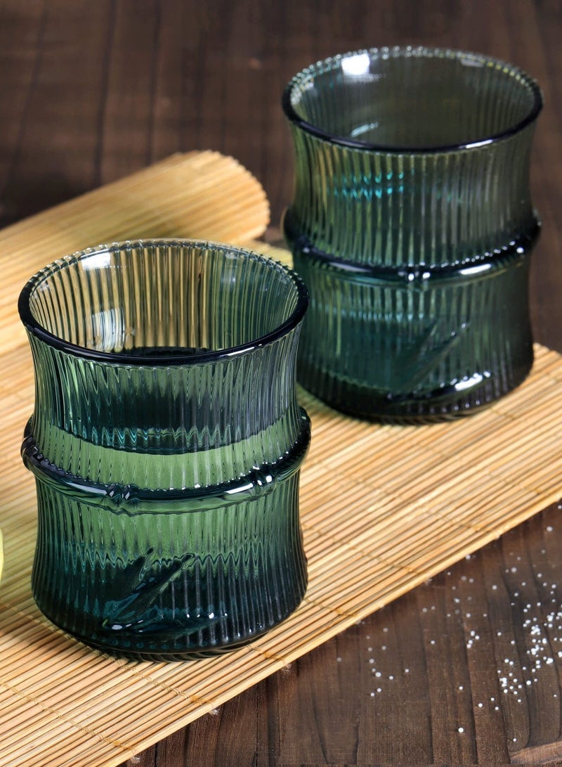 Green Water Glass, 4 Pack 260ml Coloured Glasses, Stackable Glass Tumblers, Bamboo Shaped Drinking Embossed Tumbler for Tea Juice Beverages