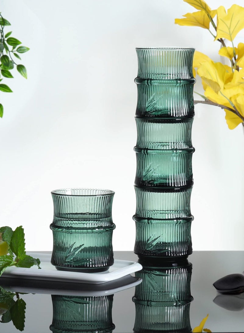 Green Water Glass, 4 Pack 260ml Coloured Glasses, Stackable Glass Tumblers, Bamboo Shaped Drinking Embossed Tumbler for Tea Juice Beverages