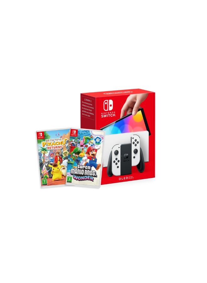 OLED WHITE WITH SUPER MARIO BROS: WONDER & DECTIVE PICKACHU RERURNS - Nintendo Switch