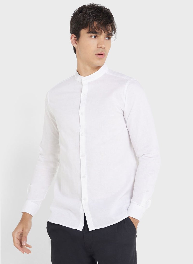 Men White Slim Fit Linen Casual Shirt