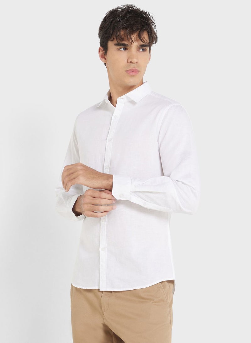 Men White Regular Fit Solid Casual Linen Sustainable Shirt
