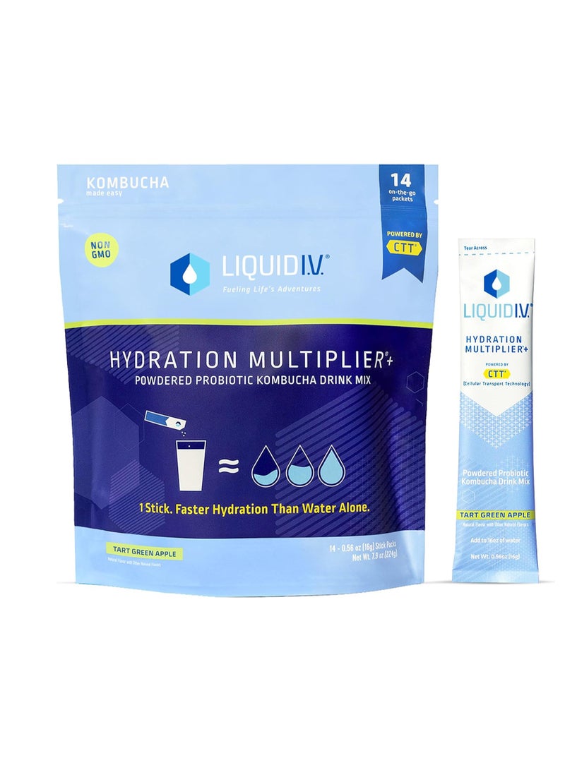 Hydration Multiplier Powdered Probiotic Kombucha Hydration Plus Probiotics Tart Green Apple 14 Sticks