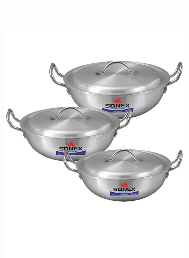 Sonex Round Karahi Set Authentic Aluminum Wok, 6x8, Generous Size, Traditional Asian Cooking Experience, Durable Construction, Versatile Cooking, Premium Metal Finish, Set of 3, (7,9,11) Ltr