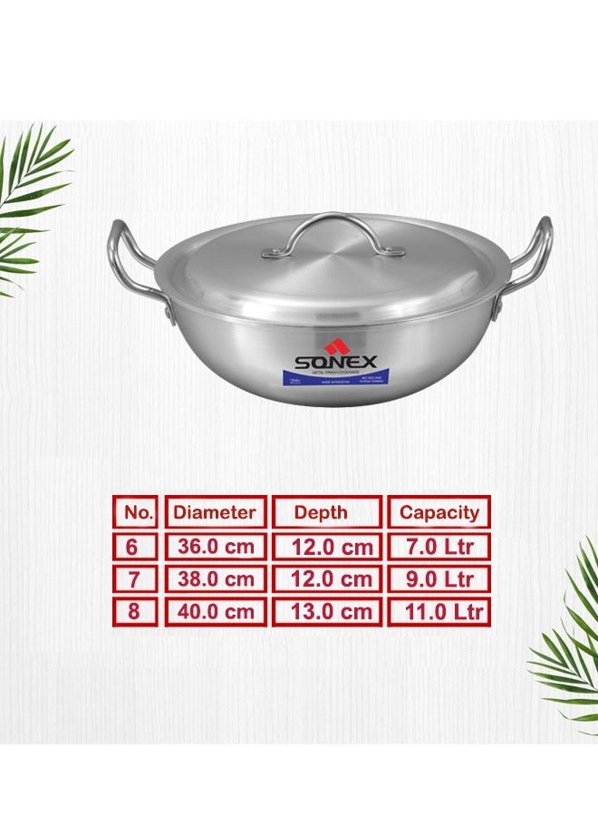 Sonex Round Karahi Set Authentic Aluminum Wok, 6x8, Generous Size, Traditional Asian Cooking Experience, Durable Construction, Versatile Cooking, Premium Metal Finish, Set of 3, (7,9,11) Ltr