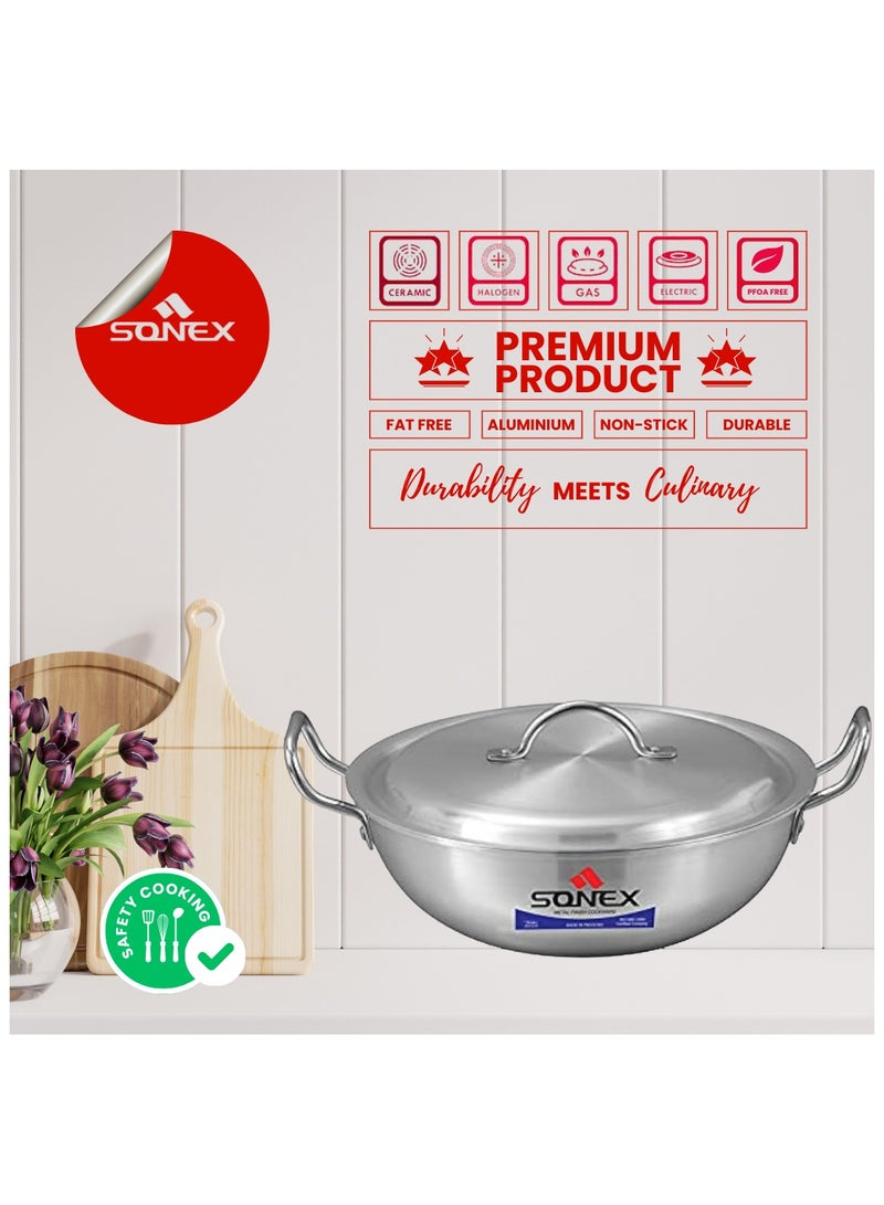 Sonex Round Karahi Set Authentic Aluminum Wok, 6x8, Generous Size, Traditional Asian Cooking Experience, Durable Construction, Versatile Cooking, Premium Metal Finish, Set of 3, (7,9,11) Ltr