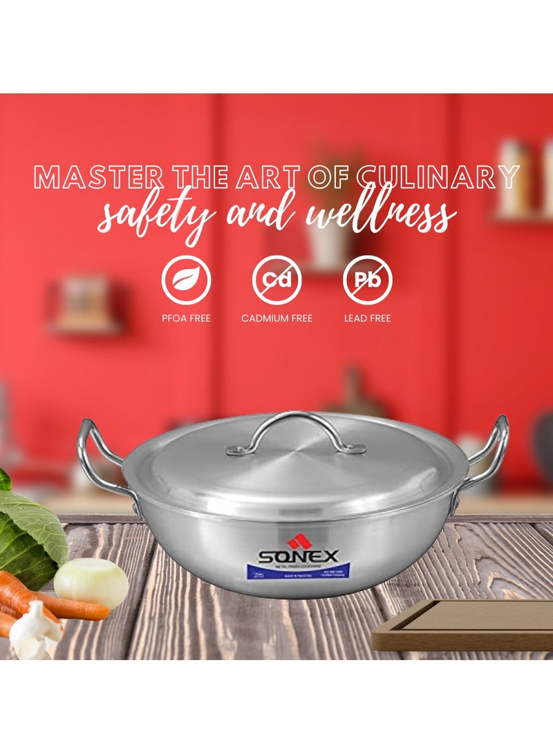 Sonex Round Karahi Set Authentic Aluminum Wok, 6x8, Generous Size, Traditional Asian Cooking Experience, Durable Construction, Versatile Cooking, Premium Metal Finish, Set of 3, (7,9,11) Ltr