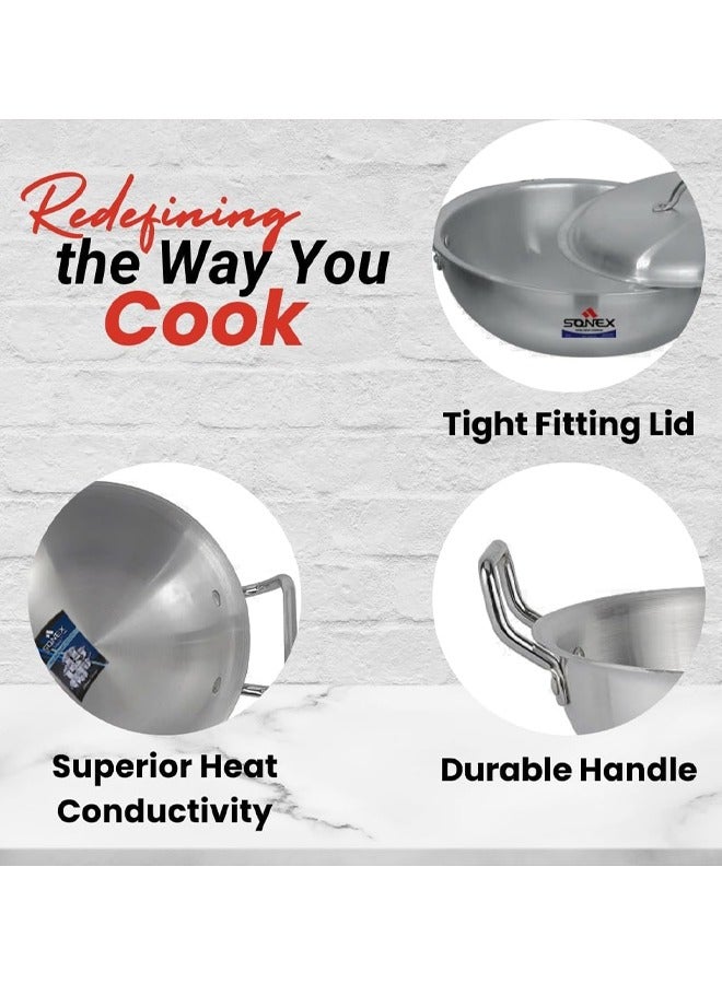 Sonex Round Karahi Set Authentic Aluminum Wok, 6x8, Generous Size, Traditional Asian Cooking Experience, Durable Construction, Versatile Cooking, Premium Metal Finish, Set of 3, (7,9,11) Ltr