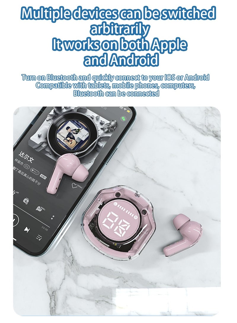 Wireless Earphones Bluetooth 5.3 Headphones LED Power Display Mini Crystal in-Ear Earbuds with Wireless Charging Case Touch Control Built-in Mic Headphone(Pink)