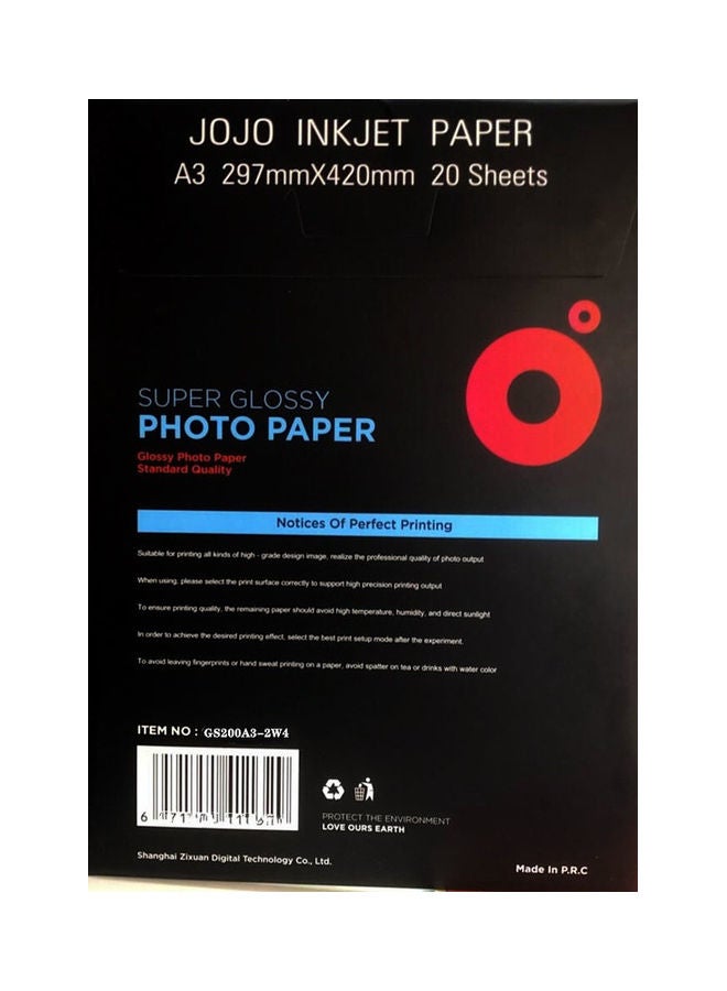 A3 Size Super Glossy Waterproof Photo Paper For All Inkjet Printer 20 Sheets