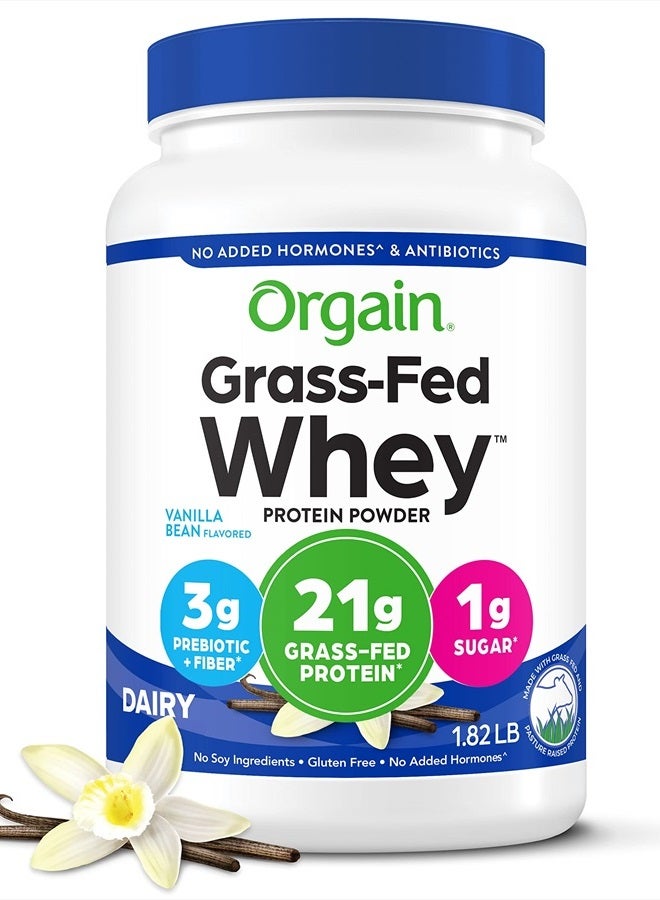 Whey Protein Powder, Vanilla Bean - 21g Grass Fed Dairy Protein, Gluten Free, Soy Free, No Sugar Added, Kosher, No Added Hormones or Carrageenan, For Smoothies & Shakes - 1.82lb