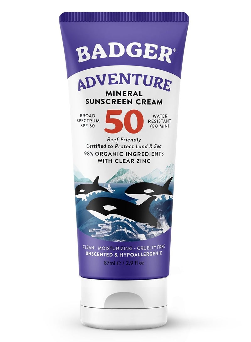 Badger Mineral Sunscreen SPF 50 Zinc Oxide Sunscreen with 98% Organic Ingredients, Reef-Safe, Broad-Spectrum, Hypoallergenic, Water Resistant, Unscented Adventure Sport Sunscreen 2.9 fl oz