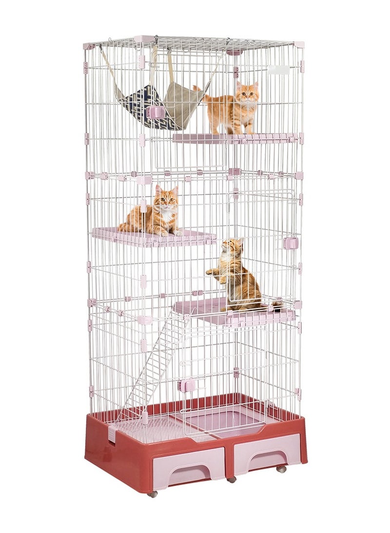 Large cat cage, Cat kennel playpen with Hammock, Litter scoop, Wide perch, Ladder, and Multiple drawers tray, Spacious indoor cat cage for cats and kittens 186 cm (Pink)