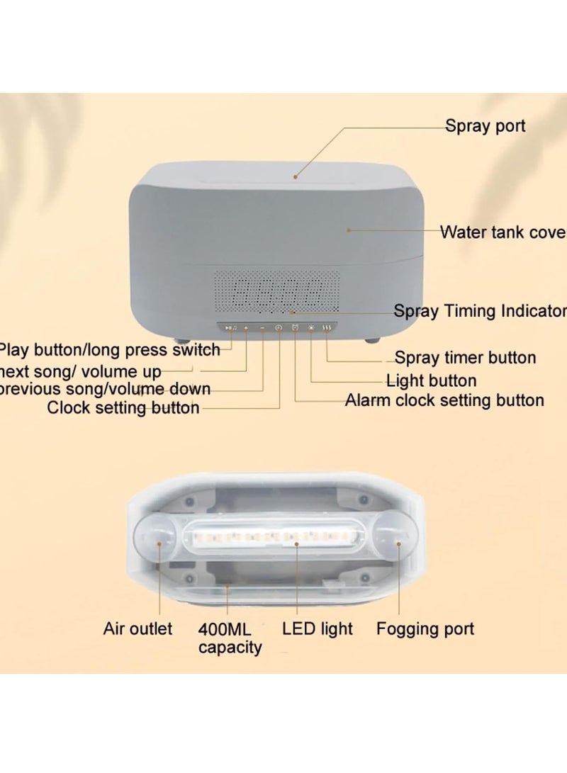 Essential Oil Diffuser, Flame Aroma Diffuser With Bluetooth Speaker And Clock, Durable Long Lasting Aromatherapy Diffuser, Portable Silent Room Diffusers For Home Office, (Grey And White)