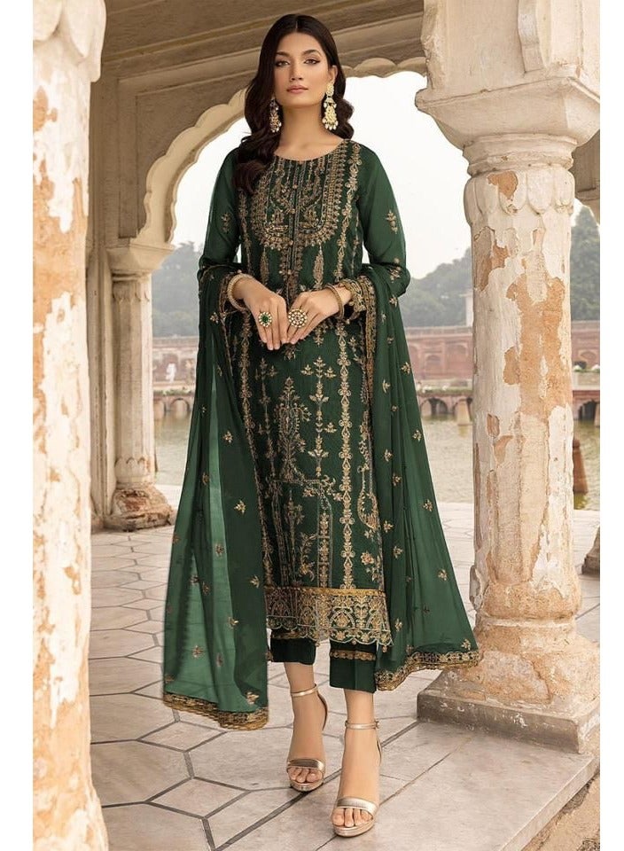 Pakistani Festival Wear Heavy Work Semi Stitched Green Salwar Suit