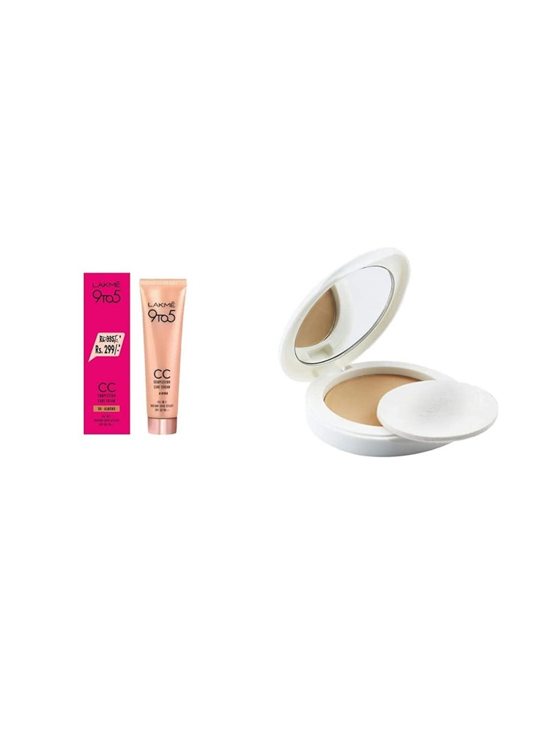 LAKMÉ 9 To 5 Complexion Care CC Face Cream Almond Conceals Dark Spots and Blemishes  30g and Perfect Radiance Skin Lightening Compact Ivory Fair 01 with SPF 23  8g
