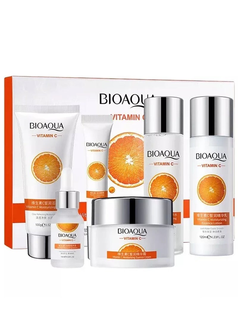 BIOAQUA 6 Pcs Vitamin C Skin Care Set Moisturizing Anti-aging Face Cream Serum Facial Cleanser Skin Care Gift Set