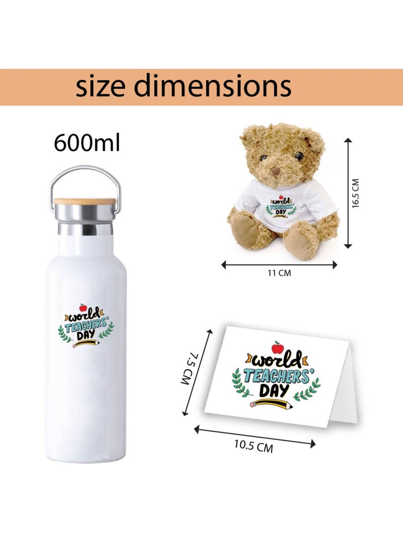 Teacher's Day Pack of 3 Combo Pack - Stainless Steel Bamboo Cap Flask Bottle 600ml, Teddy Bear and Greeting Card - Teacher's Day Gift Set - Gift for World Teachers Day