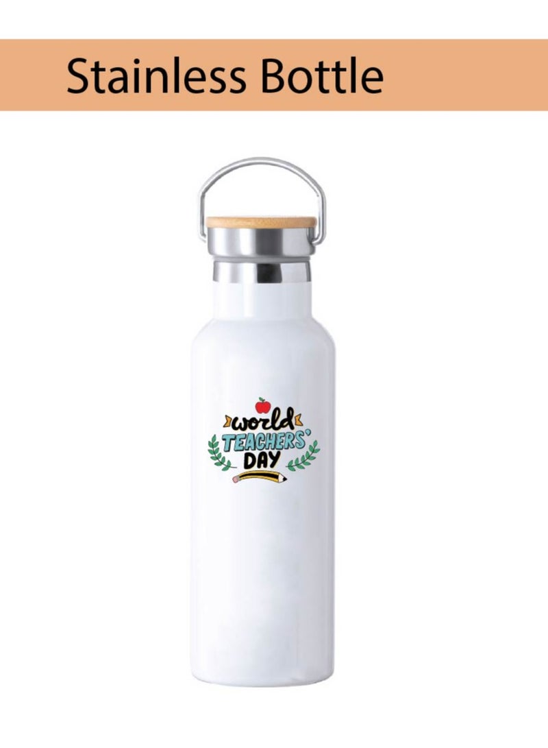 Teacher's Day Pack of 3 Combo Pack - Stainless Steel Bamboo Cap Flask Bottle 600ml, Teddy Bear and Greeting Card - Teacher's Day Gift Set - Gift for World Teachers Day