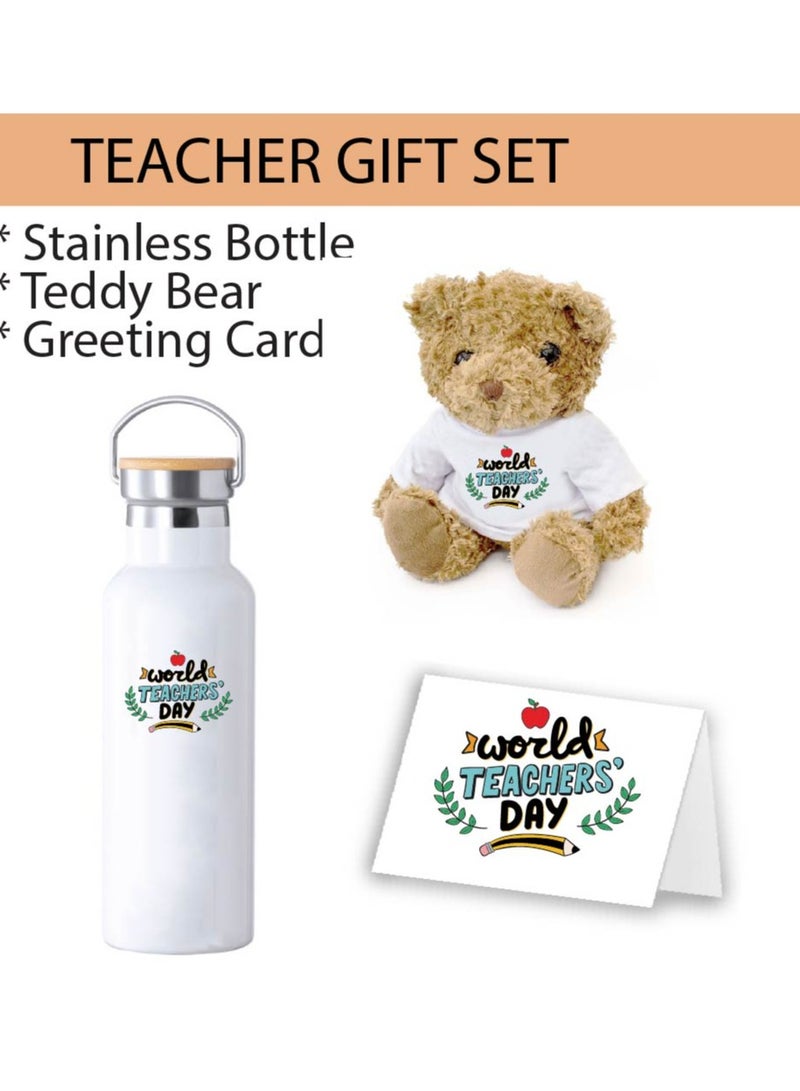 Teacher's Day Pack of 3 Combo Pack - Stainless Steel Bamboo Cap Flask Bottle 600ml, Teddy Bear and Greeting Card - Teacher's Day Gift Set - Gift for World Teachers Day