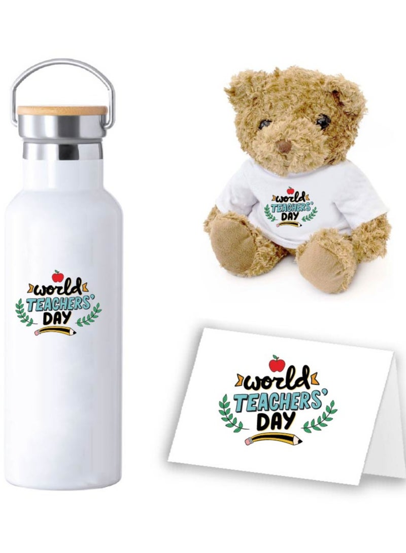 Teacher's Day Pack of 3 Combo Pack - Stainless Steel Bamboo Cap Flask Bottle 600ml, Teddy Bear and Greeting Card - Teacher's Day Gift Set - Gift for World Teachers Day