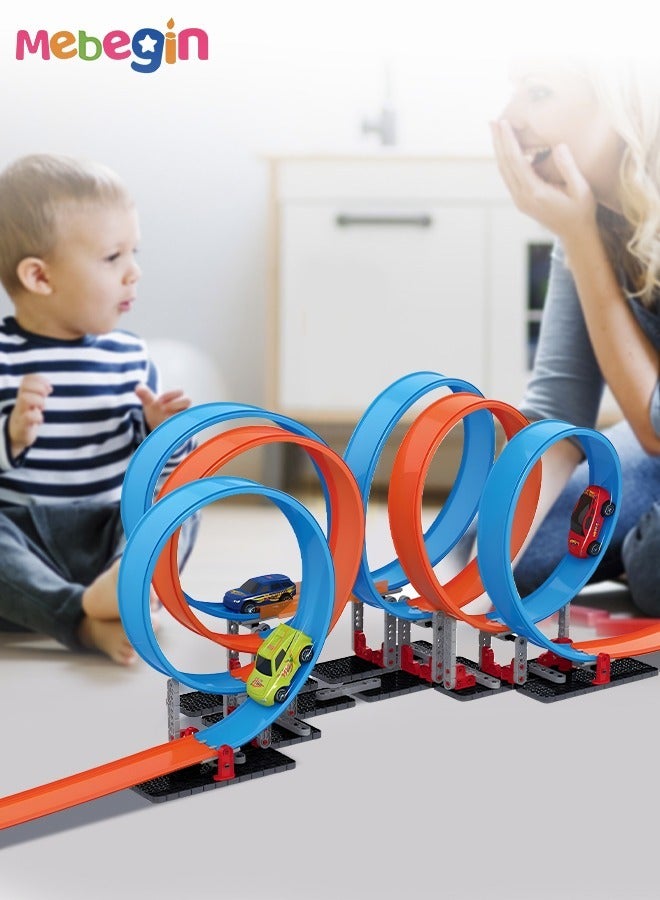 Race Tracks Toys Set Assembled Building Blocks Pull Back Track Racing Car Track Set With Wide Track Loop Slam Launcher Designed For Multi-car Play, Gift For Kids 3 Years Old & Up