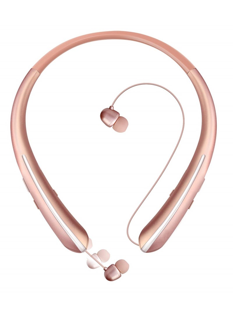 Neckband Bluetooth Headphones with Retractable Earbuds, Wireless Noise Cancelling Sport Headset 3D Sound Surround Bluetooth Headphones Call Vibrate Alert Earphones with Mic (Rose Gold)