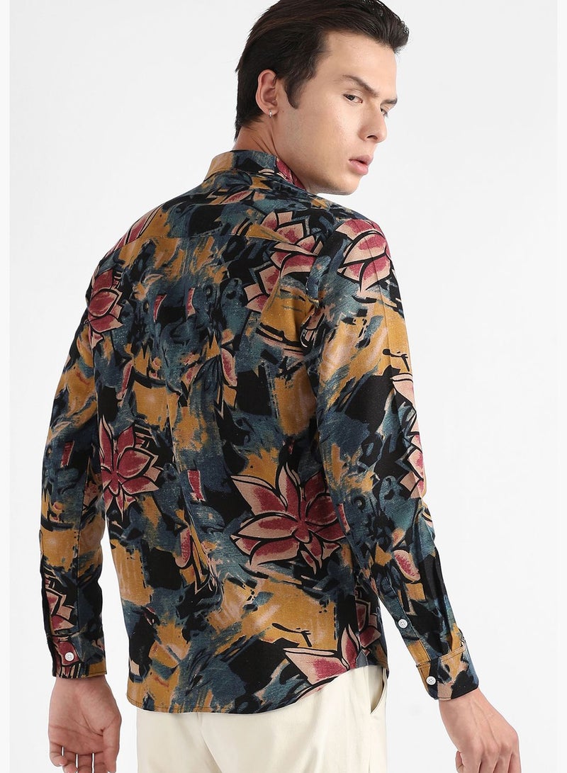 Printed Spread Collar Long Sleeve Shirt