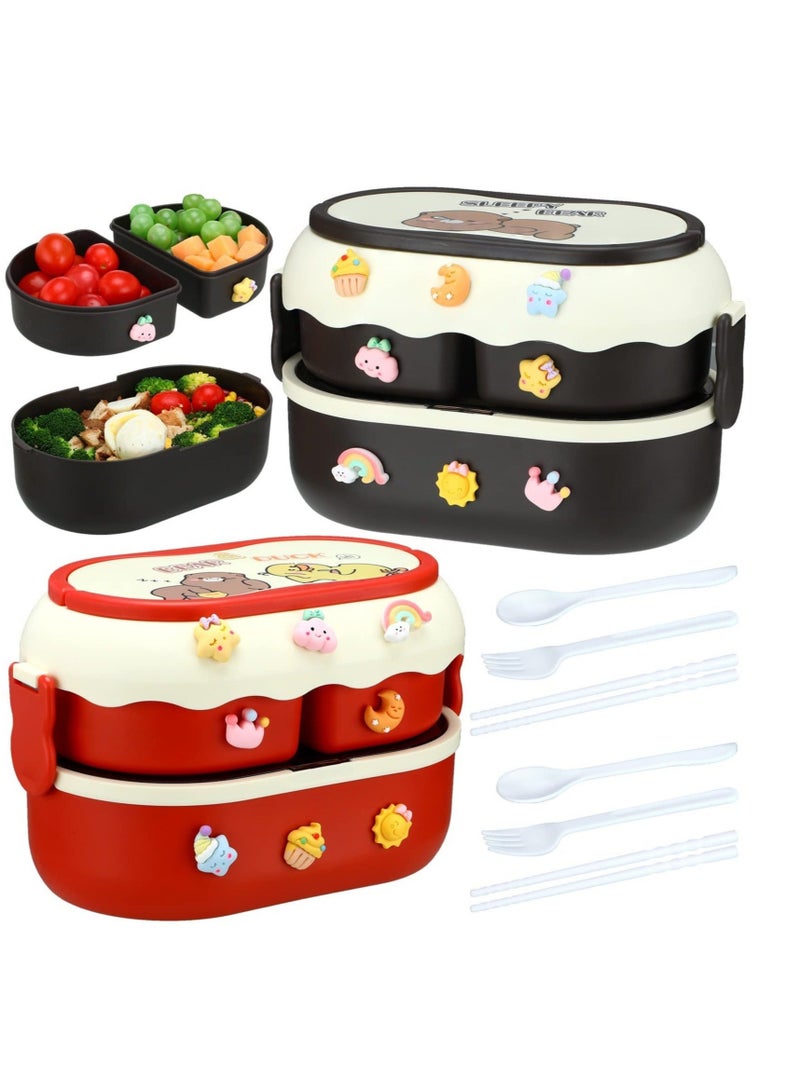 2 -Piece Kawaii Bento Box Leakproof Stackable Lunch Container With 3 Compartments Portable Preschool Lunch Box Container With Handle Microwave Safe Lunchbox Snack Food Box With Stickers