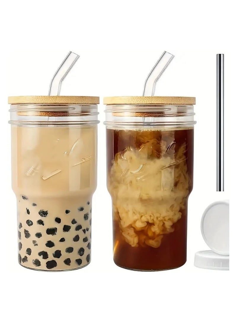 2PCS 650ml Thickened Glass Tumbler with Bamboo Lid and Straw - Perfect for Home, Car, Outdoor, Camping, Parties - Ideal for Beer, Milk, Tea, Iced Coffee and More