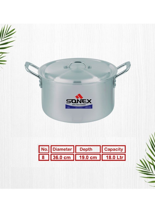 Sonex Classic Cooking Pot No.8 – 36 cm Diameter, 18 Liter Capacity, Aluminum Construction, Stainless Steel Handles, Includes Lid