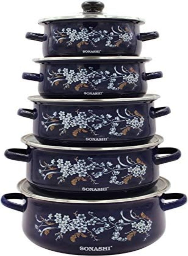 Sonashi Enamel Floral Design Cookware Casserole Set With Lids (5 Pieces) Sew-015