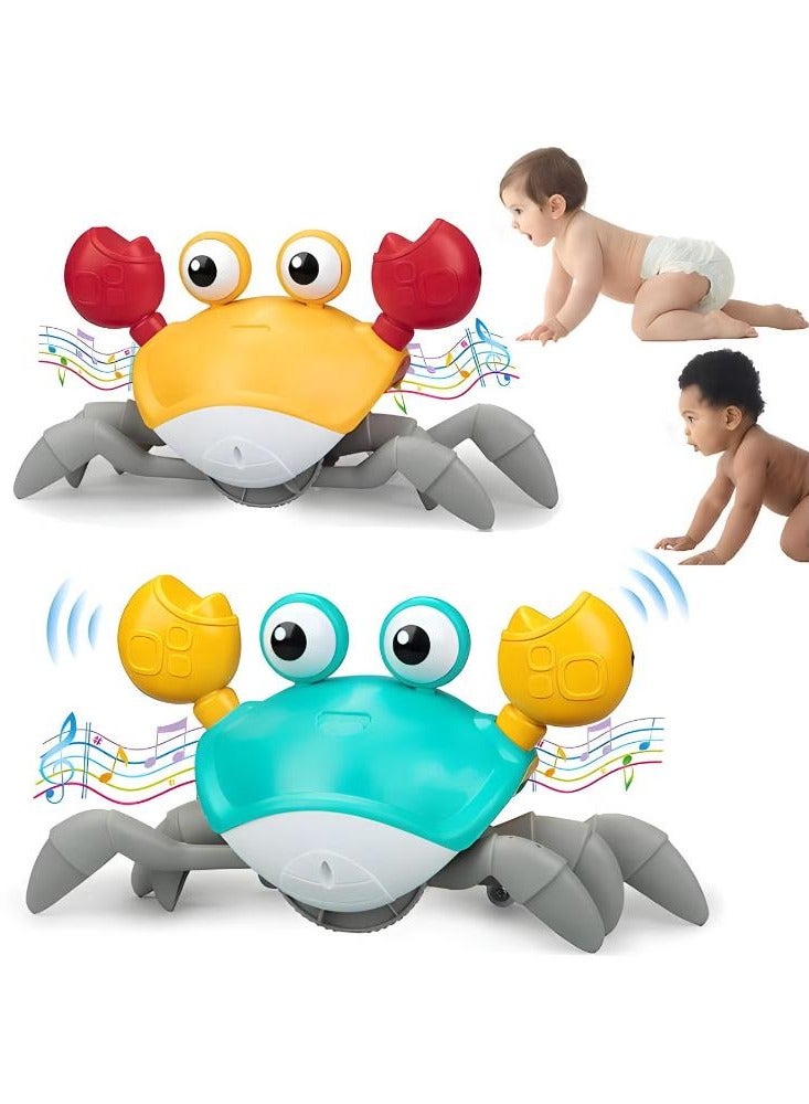 2Pcs Crawling Crab Baby Toys, Crawling Toy with Music & Light Tummy Time Interactive Toddler Toy Automatically Avoid Obstacles for Boys or Girls