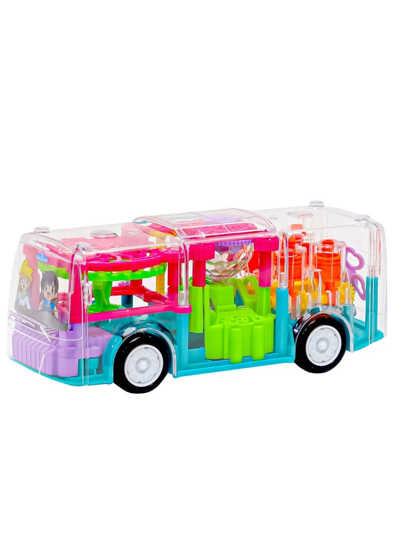 Gear Light Bus Toy Electric Function and Mechanical Simulation, Transparent Body, 3D Lights, Different Types of Music for Kids