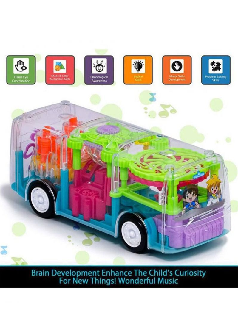 Gear Light Bus Toy Electric Function and Mechanical Simulation, Transparent Body, 3D Lights, Different Types of Music for Kids