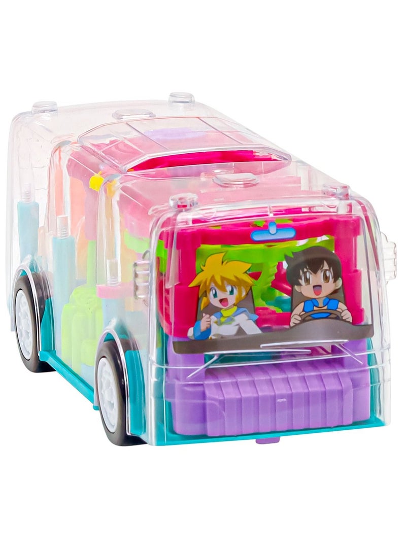 Gear Light Bus Toy Electric Function and Mechanical Simulation, Transparent Body, 3D Lights, Different Types of Music for Kids