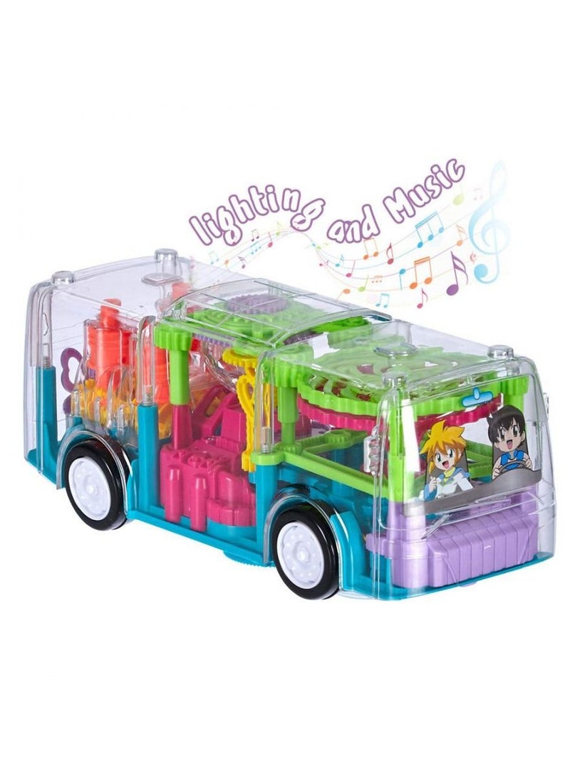 Gear Light Bus Toy Electric Function and Mechanical Simulation, Transparent Body, 3D Lights, Different Types of Music for Kids