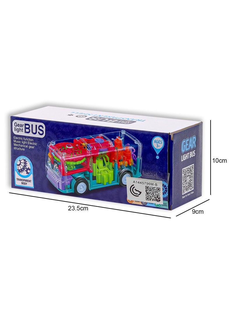 Gear Light Bus Toy Electric Function and Mechanical Simulation, Transparent Body, 3D Lights, Different Types of Music for Kids