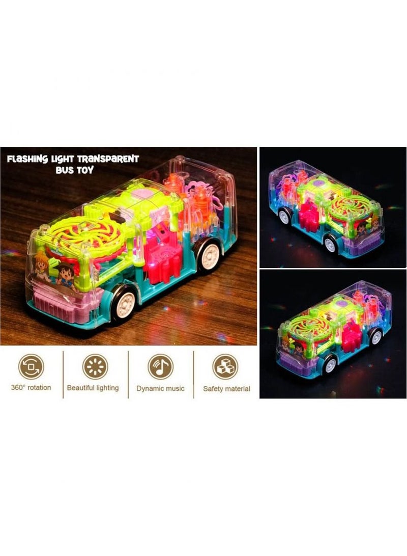 Gear Light Bus Toy Electric Function and Mechanical Simulation, Transparent Body, 3D Lights, Different Types of Music for Kids