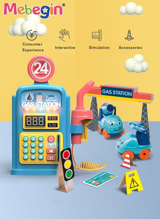 Swipeable Card Gas Station Role Play Sound and Light Toys Gas Station Pretend Toy with 10 Children's Songs Simulation Refueling LED Display Toy Best Gifts for Kids Early Educational