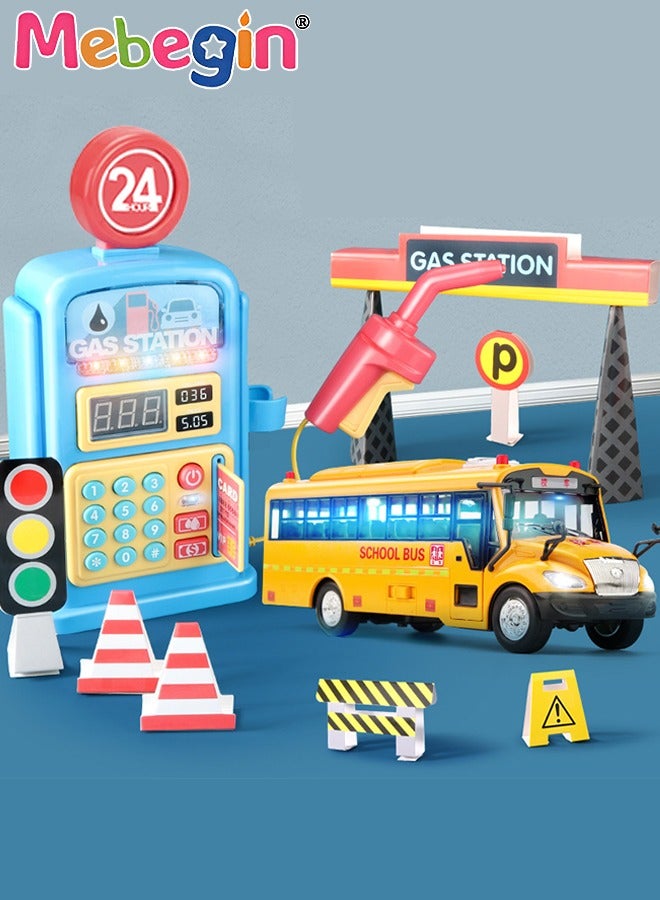Swipeable Card Gas Station Role Play Sound and Light Toys Gas Station Pretend Toy with 10 Children's Songs Simulation Refueling LED Display Toy Best Gifts for Kids Early Educational