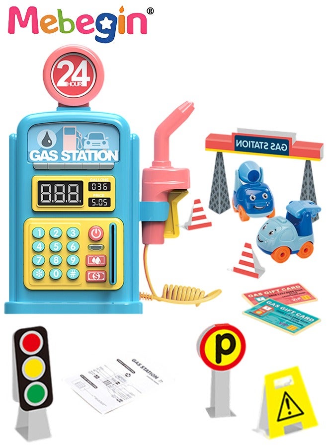 Swipeable Card Gas Station Role Play Sound and Light Toys Gas Station Pretend Toy with 10 Children's Songs Simulation Refueling LED Display Toy Best Gifts for Kids Early Educational