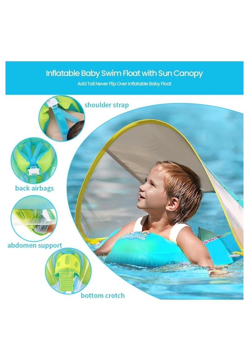 Baby Swimming Inflatable Float with Sun Protection Canopy, Children Waist Ring Inflatable Pool Floats, Add Tail No Flip Over for Age of 2 to 3 Years