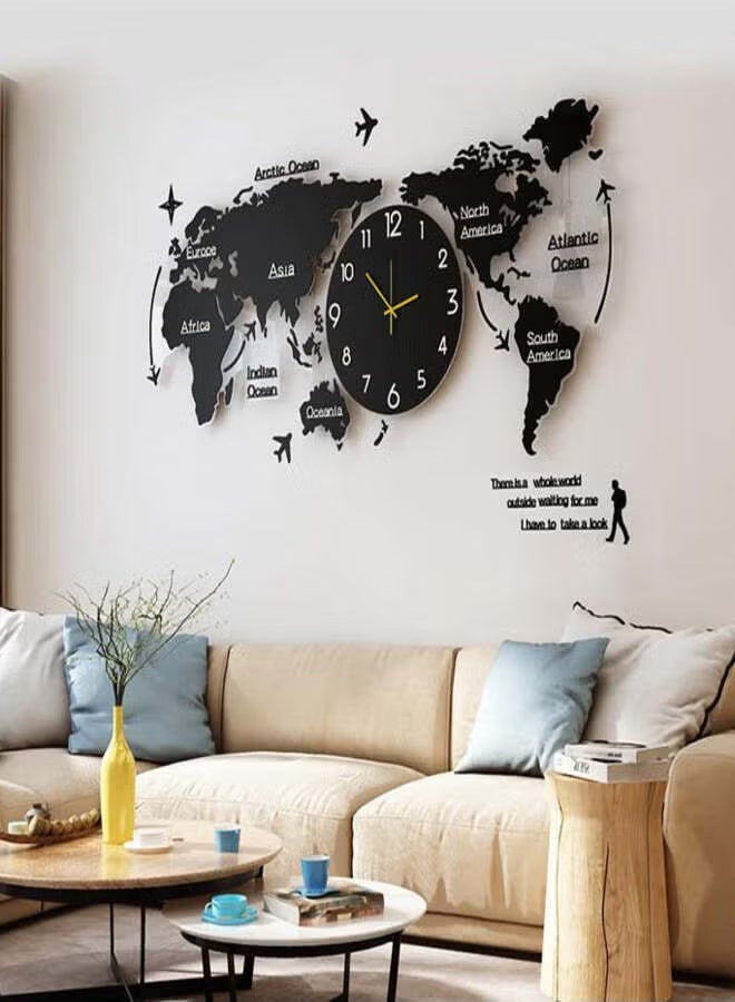 World Map Wall Clock Modern 3D Design Ultra Quiet Material Acrylic Black