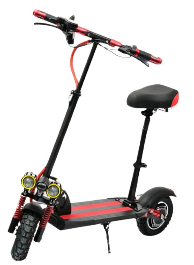 Z2 (E10) Powerful Electric Scooter With Seat, 48V, Foldable, Front & Side Led lights, FREE HANDLEBAR BAG, Red