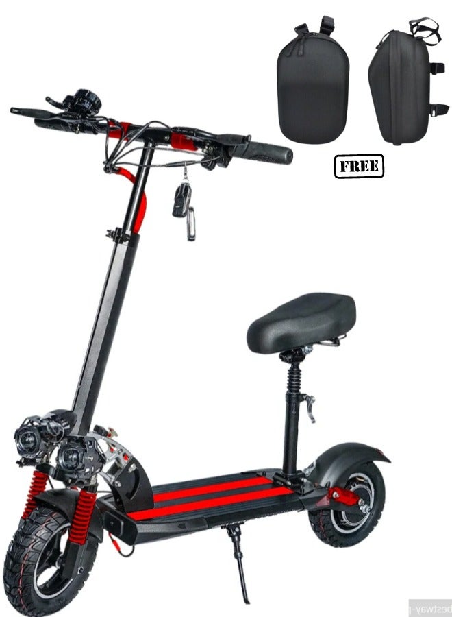 Z2 (E10) Powerful Electric Scooter With Seat, 48V, Foldable, Front & Side Led lights, 1 Year Warranty, Anti-Theft, FREE HANDLEBAR BAG, Red