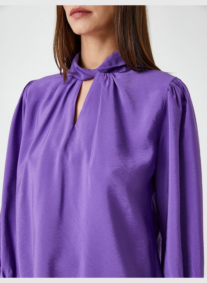 Long Sleeve Neck Detail Satin Blouse