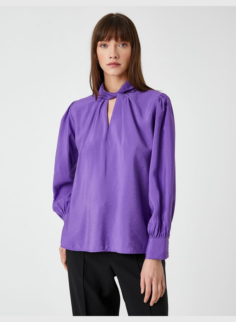 Long Sleeve Neck Detail Satin Blouse