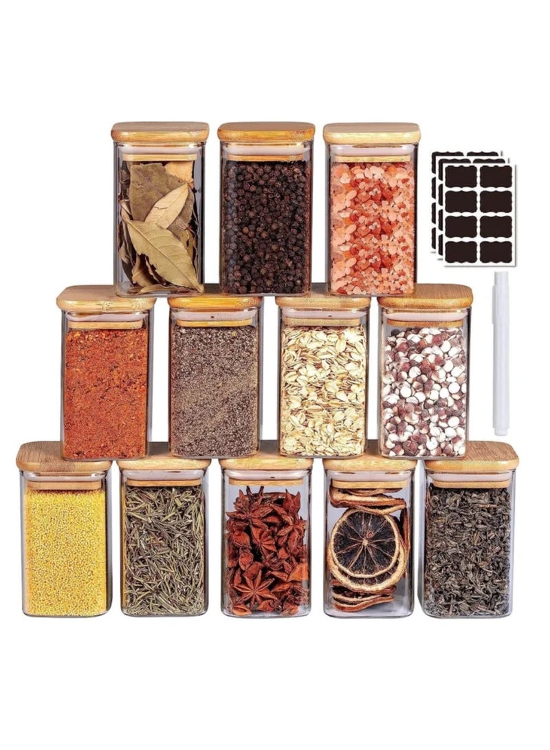 Glass Jars Set 300ML, MahMir 12 pcs Set Glass Spice Jars with Bamboo Airtight Lids and Labels, Food Cereal Storage Spice Containers for Home Kitchen Tea Herbs Coffee Flour Herbs Grains  Square